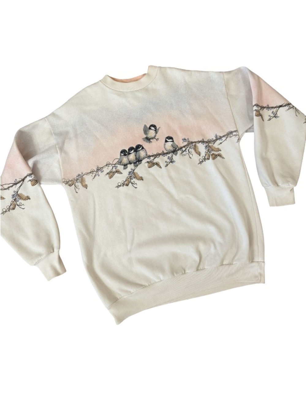 Vintage 90s Artisans Chickadee Bird Ombre Sweatshirt | Size L-XL Grandmacore